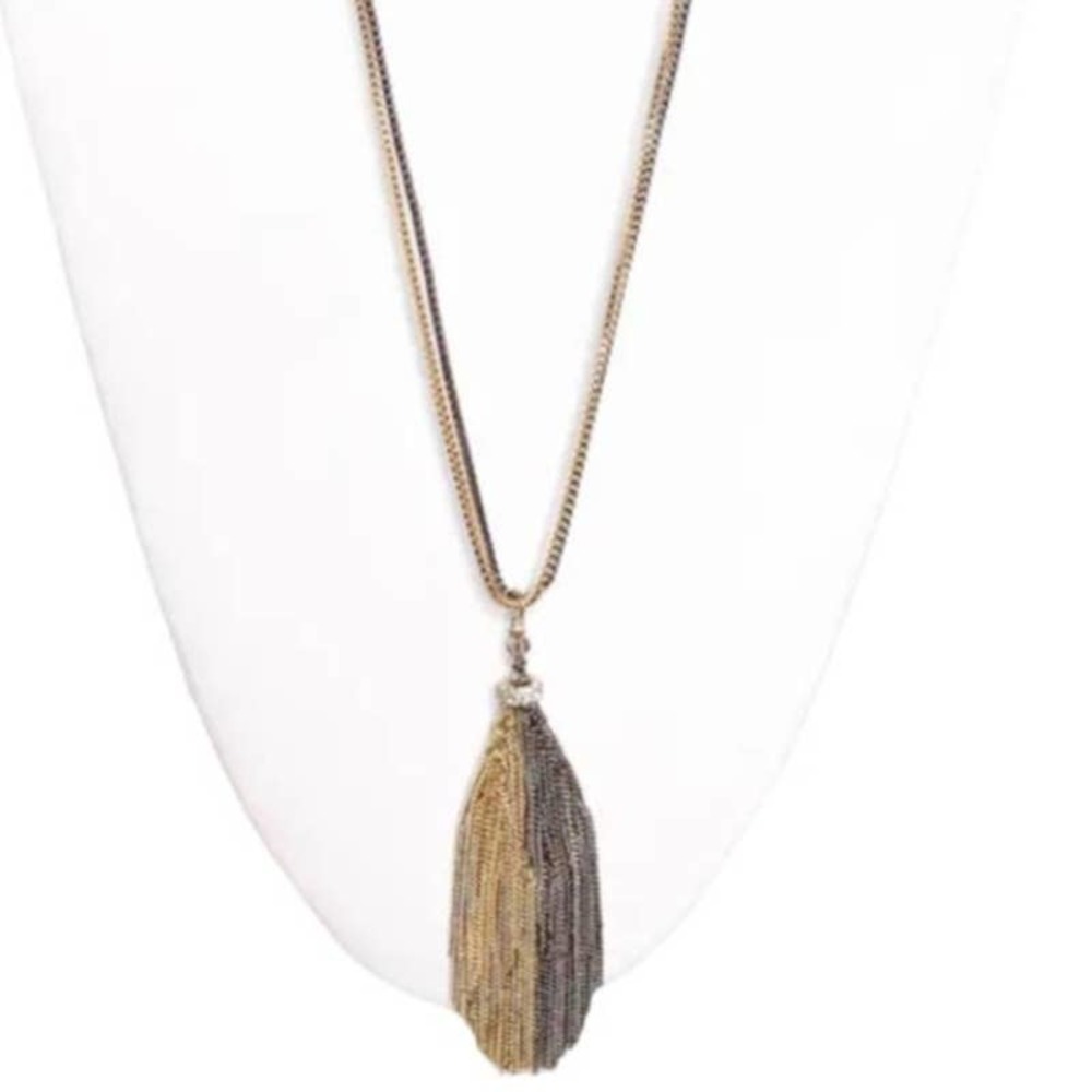 SHIRALEAH GOLD TWO TONE SADIE TASSEL BOHO CHIC LONG NECKLACE